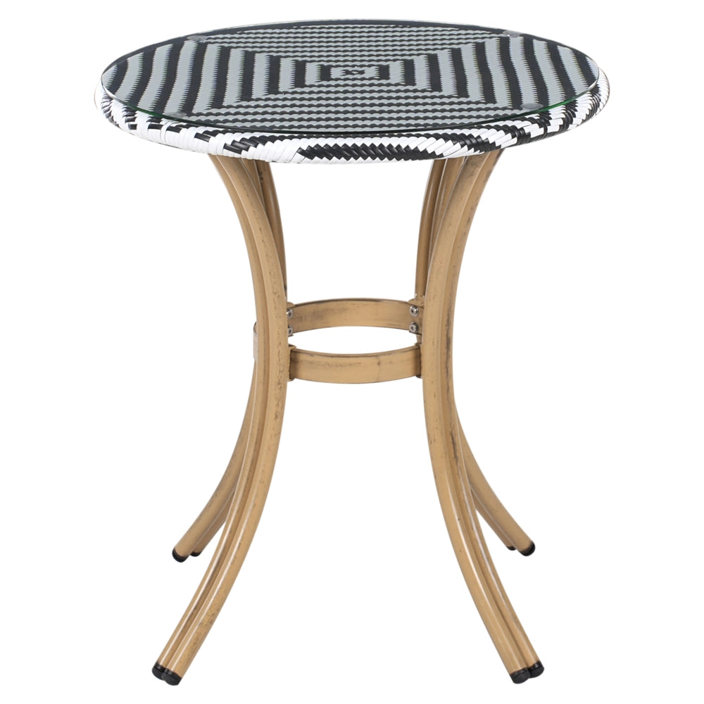 Tavolo da giardino Piano in rattan sintetico Bianco e Nero ø 70 cm Struttura in Vetro e Alluminio