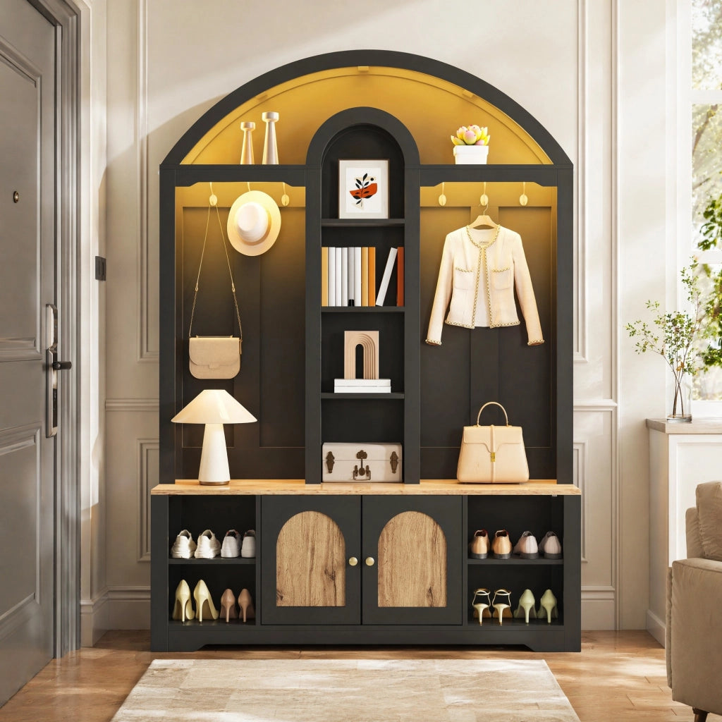 ARMADIO INGRESSO 150x40x195 cm MDF Nero con ripiani e ganci
