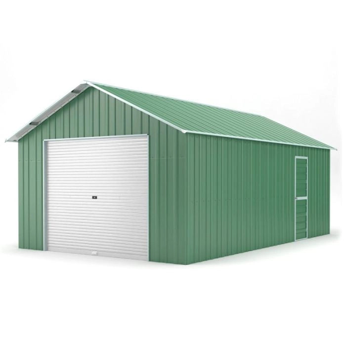 Box auto lamiera capanno in Acciaio Zincato con saracinesca 438x724 cm x h 3,31m - 585KG - 31.7 mq - VERDE