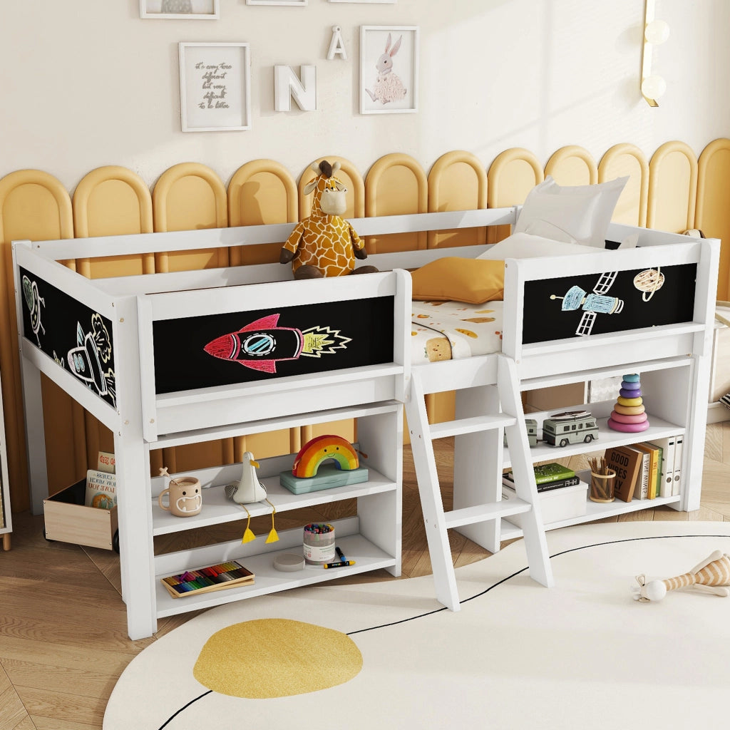 LETTO Semialto 90x200 cm Bianco con scala e vani contenitori