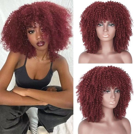 Pruik afro per donne - colore rosso scuro con coda, capelli artificiali naturali, 35 cm