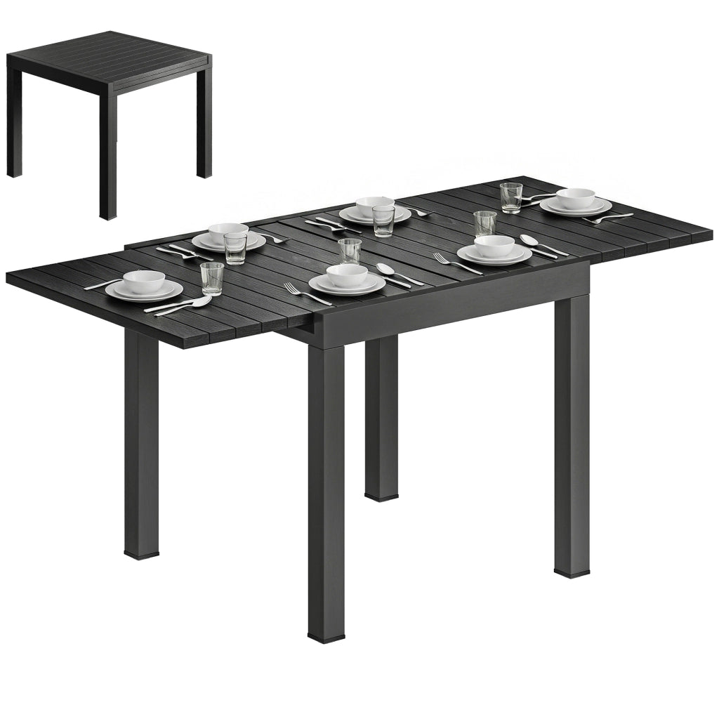 Tavolo da Giardino Allungabile per 4-6 Persone con Piano a Doghe, in Alluminio, 80/160x80x75 cm, Nero