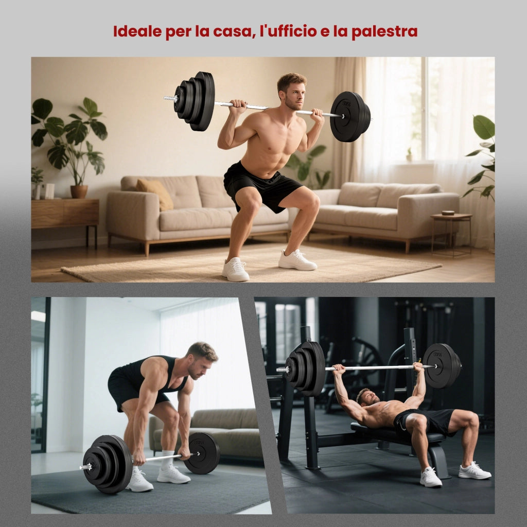 Set Bilanciere con Dischi 70kg ¨C Xylo ¨C 8 Pesi Acciaio Regolabile Antiscivolo 170x40.5cm Nero