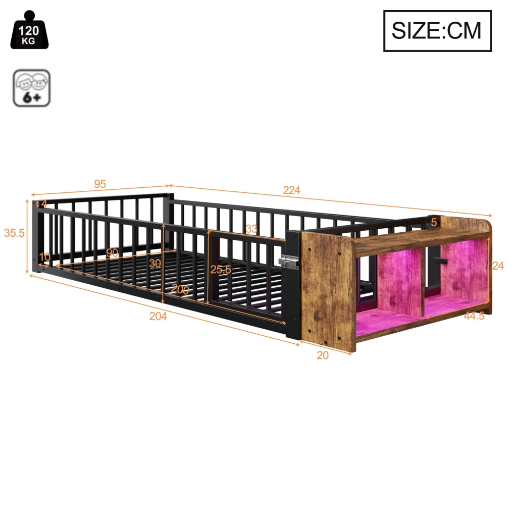 Letto singolo bambini 90x200 cm in metallo e MDF con sponda sicurezza, vano portaoggetti e LED, senza materasso