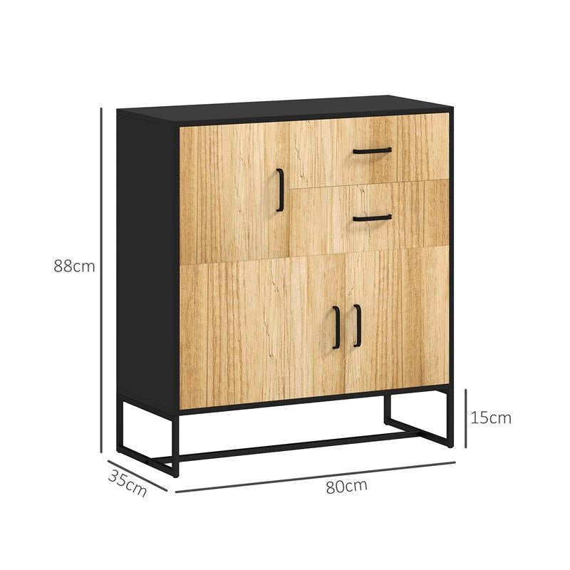 CREDENZA MODERNA CON 3 ARMADIETTI E 2 CASSETTI IN TRUCIOLATO E ACCIAIO 80X35X88 CM NERO E COLOR LEGNO