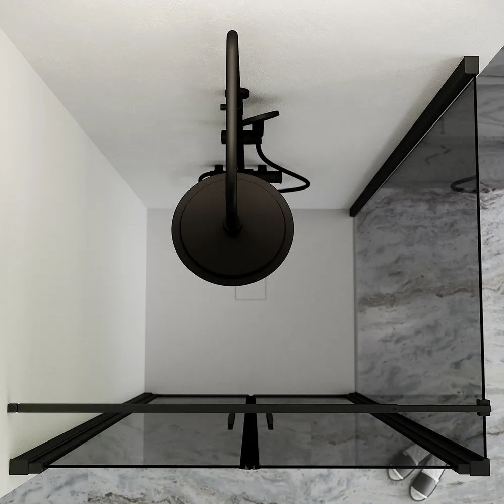 Box doccia 120x90cm con apertura saloon e parete fissa, profili nero opaco e vetro da 6mm fumè h195 | Elba