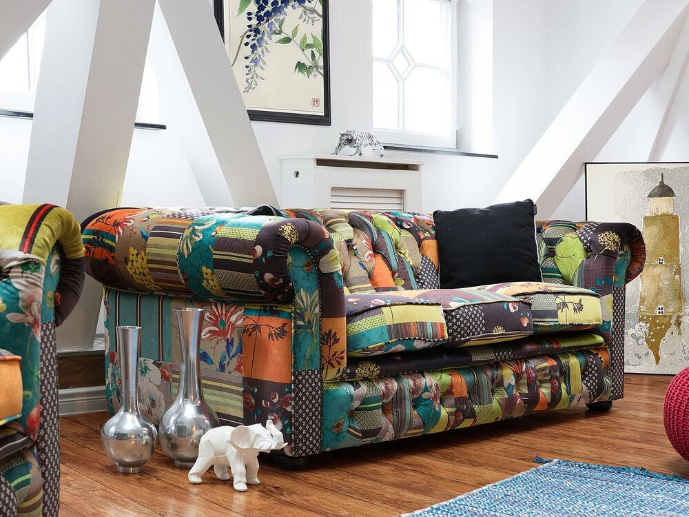 Divano a 3 posti Tessuto Multicolore Braccioli a voluta con inserti Patchwork giallo eclettico
