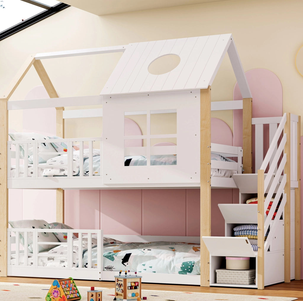 Letto a castello a casetta con scala contenitore, sponde di sicurezza e design con finestre