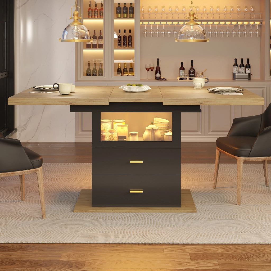 Tavolo da pranzo allungabile 110-140 x 80 x 75 cm con LED, 2 cassetti, MDF e metallo