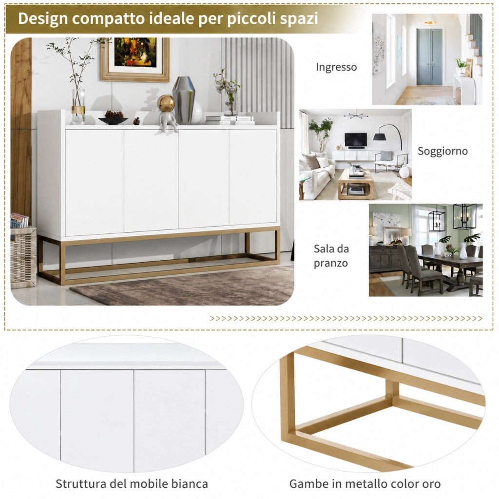 Credenza buffet 120cm bianca, mobile soggiorno pannello di particelle con base metallo oro, 4 ante push‑to‑open, ripiani regolabili per sala da pranzo ingresso