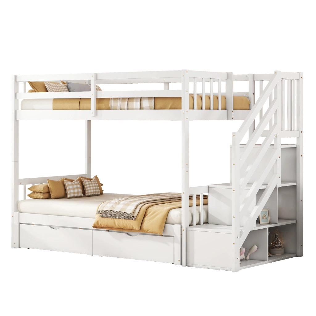 OKWISH Letto a Castello 90×200 cm e 180×200 cm, Letto 3 Posti con Letto Estraibile, 2 Cassetti e Ripiani, senza Materasso, Bianco