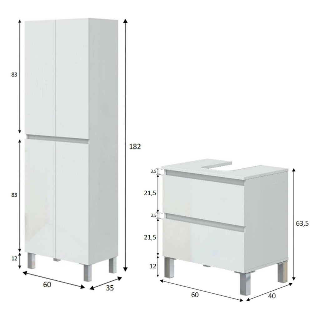 Capurso, set Mobili Bagno 2 Cassetti, Bianco Lucido