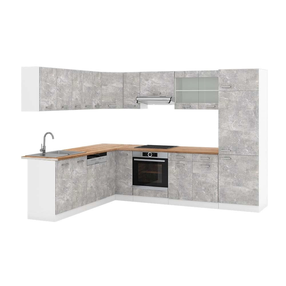 Cucina angolare completa R-Line Calcestruzzo/Bianco 287 x 227 cm, PL Rovere Vicco