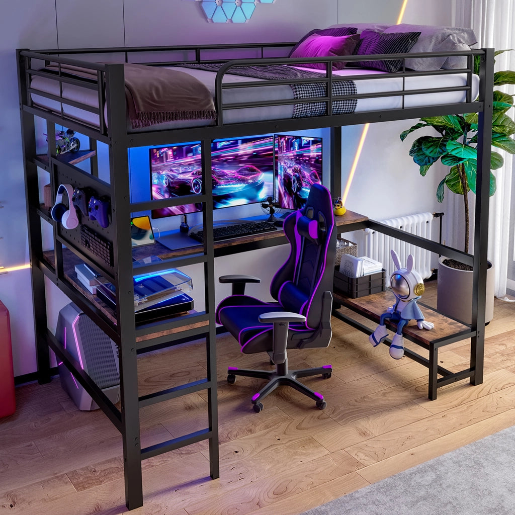 LETTO A CASTELLO 90 x 200 cm con scrivania e LED, metallo, nero