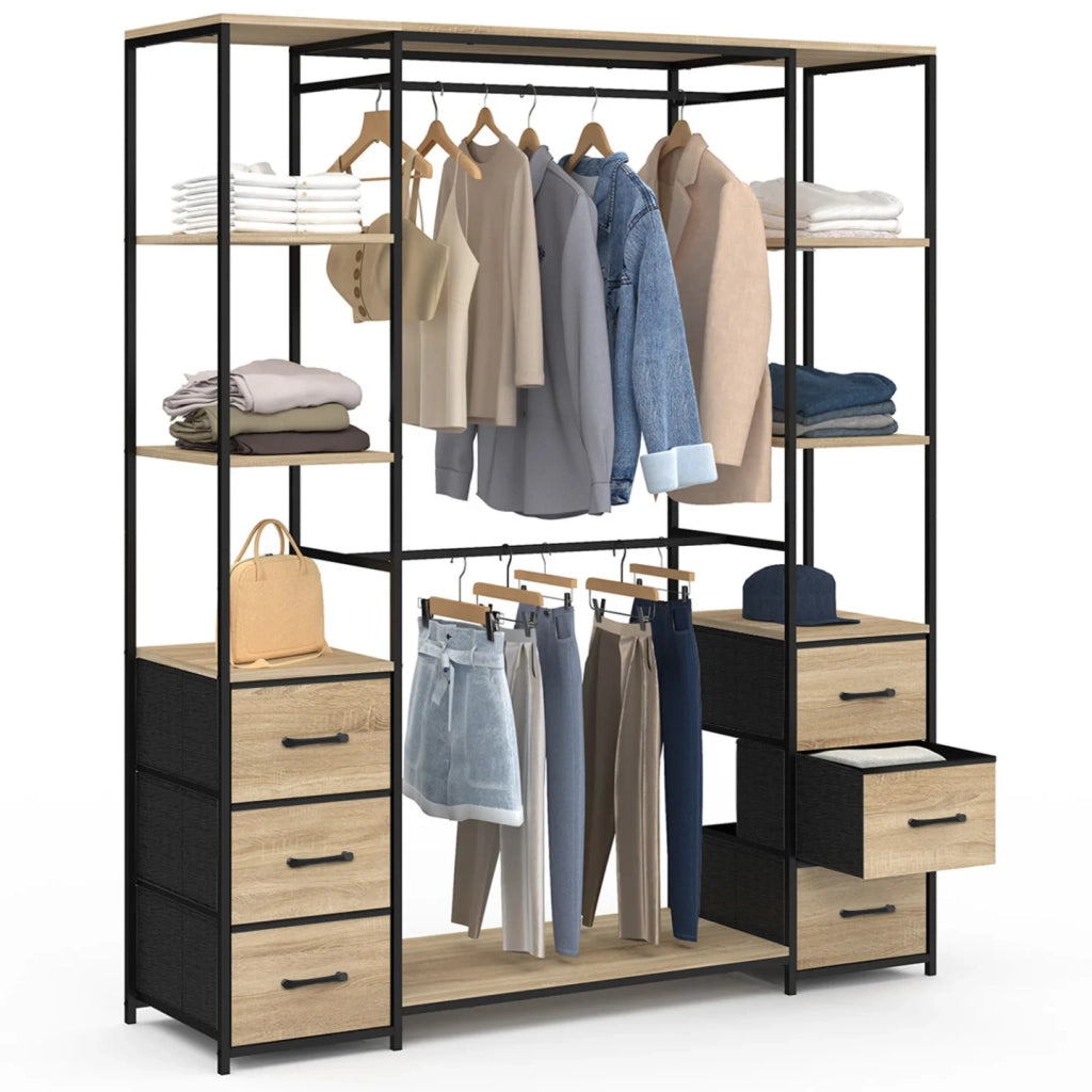 IDMarket - Armadio doppio UTAH + colonna doppia L. 140 cm con 6 ripiani e 6 cestini in legno e tessuto nero