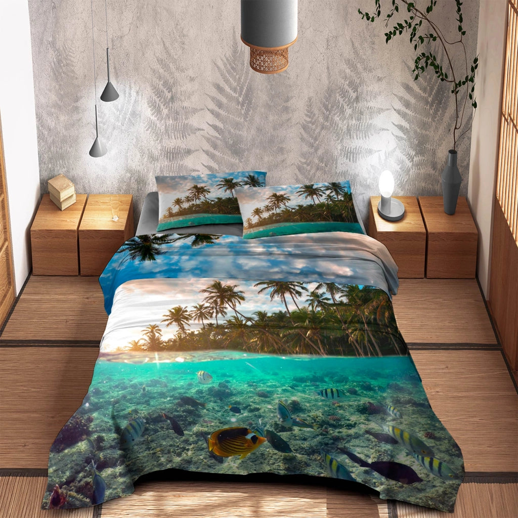 Completo Letto Lenzuola 100% Cotone Set Lenzuolo Moderno Sotto Sopra Federe Due Stampe In Altissima Definizione Dis3MaredeiTropici - Matrimoniale