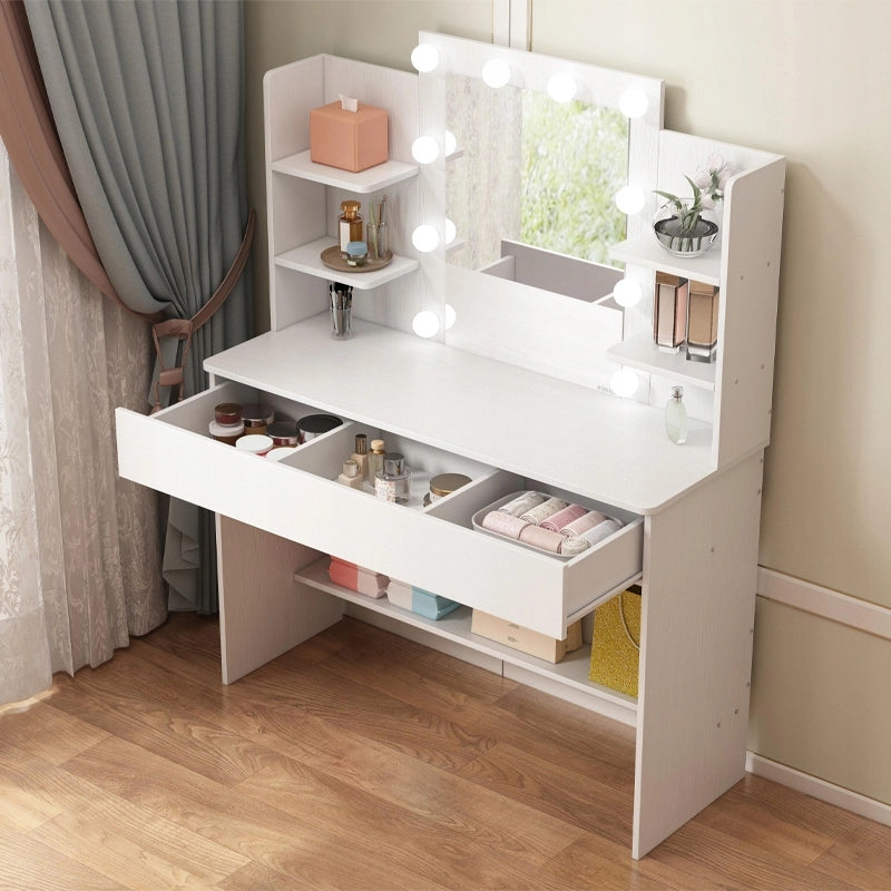 Tavolo da trucco moderno con specchio a LED, 110 cm, presa elettrica