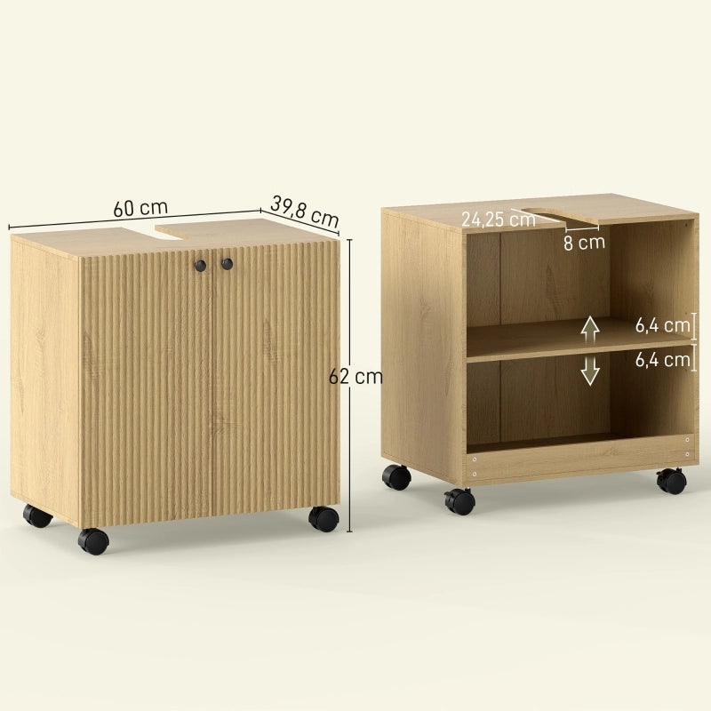 Mobiletto da bagno con ripiani a 3 livelli, ruote e struttura in legno.