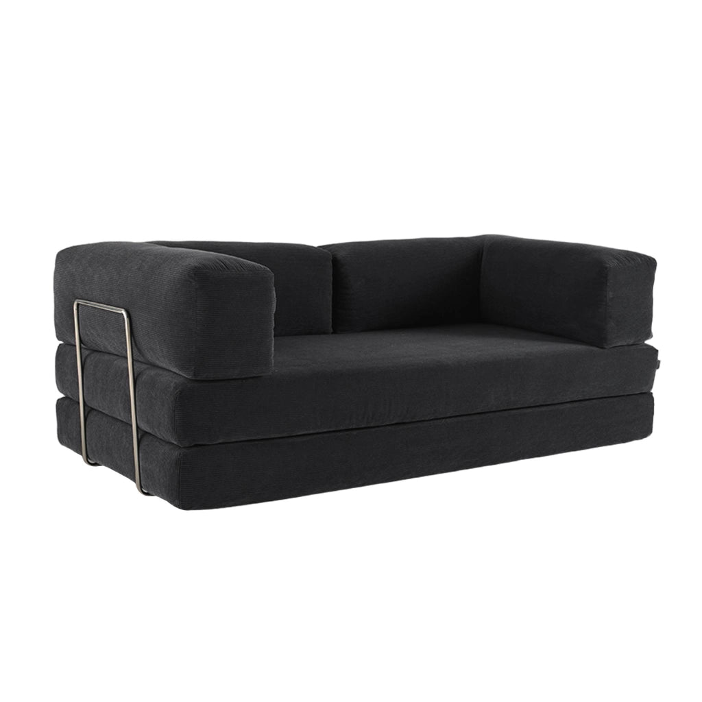 Divano letto futon in velluto a coste e struttura cromata, antracite