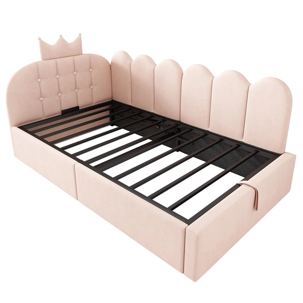 Letto imbottito a giorno - Zephmum-90x200 cm-Rosa-Design griglia corona con stoccaggio idraulico