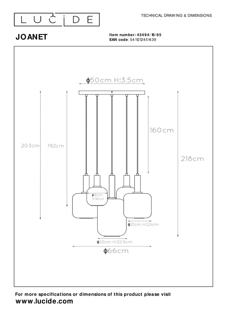 Lampadario Joanet Lucide 5xE27 vetro fumé ottone Ø71cm