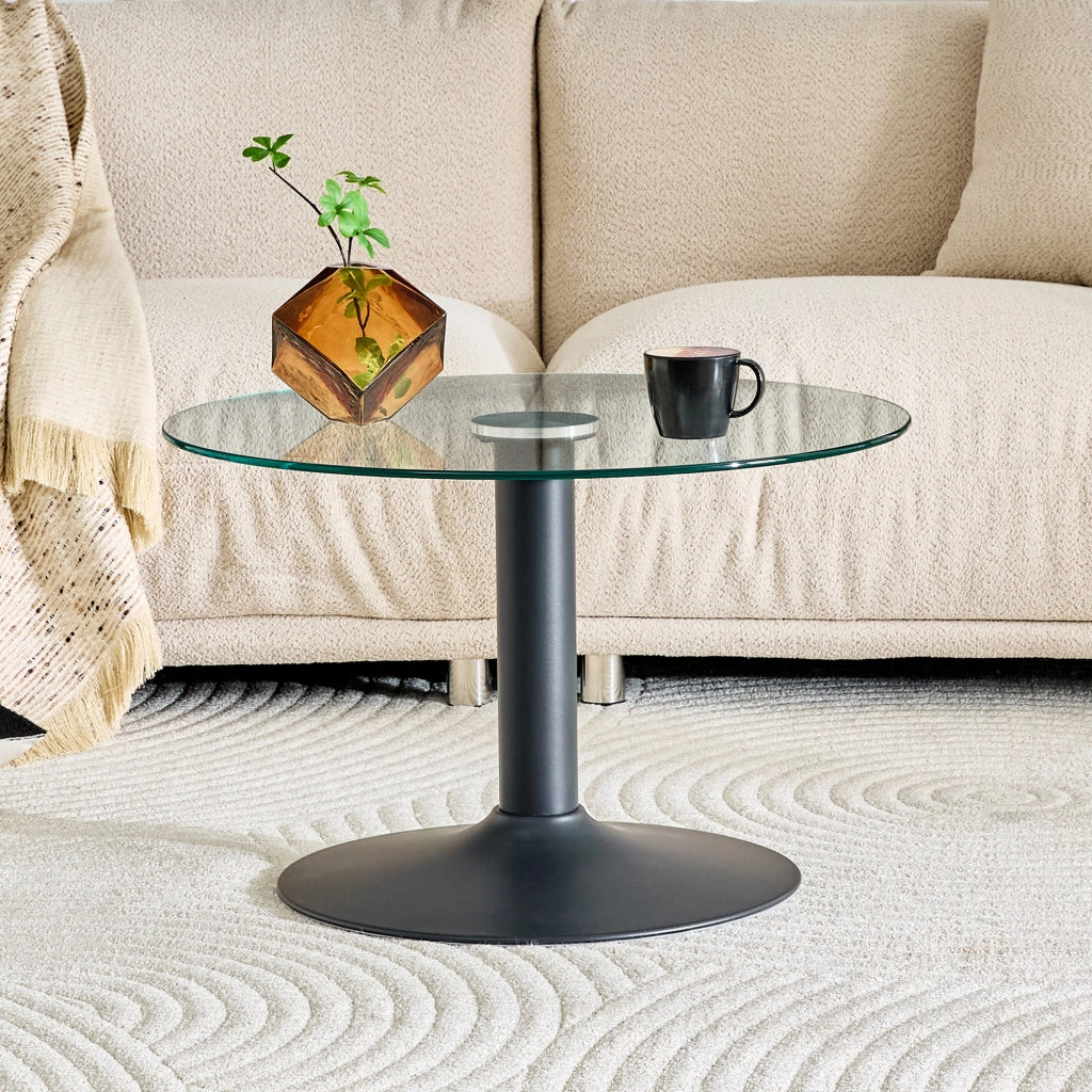Tavolino rotondo in vetro ca. 70 cm con struttura in metallo, design moderno per soggiorno, colore nero