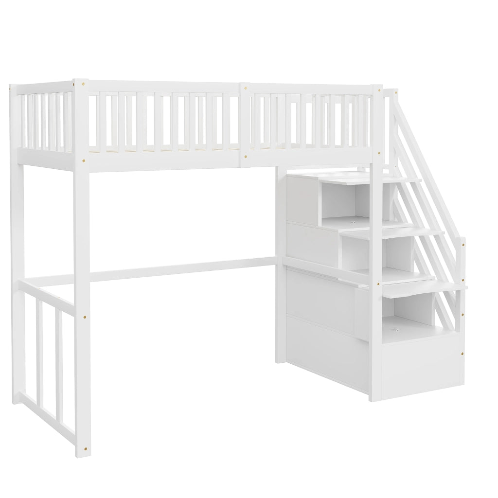 OKWISH Letto a Soppalco Letto Singolo con Scala Contenitore, Tavolo, 90×200 cm, senza Materasso, in Legno, Bianco