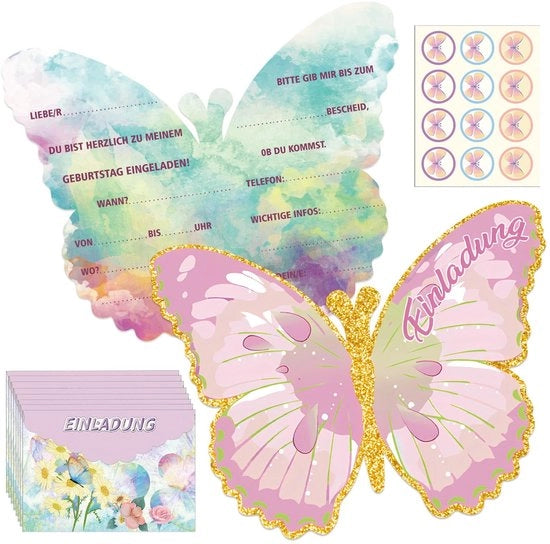 Carte di Invito per Bambini 12 pezzi - Disegno Flutter - Invito di Festa - Compleanno dei Bambini - Tema Farfalla - Carta di Alta Qualità - Inviti di Festa