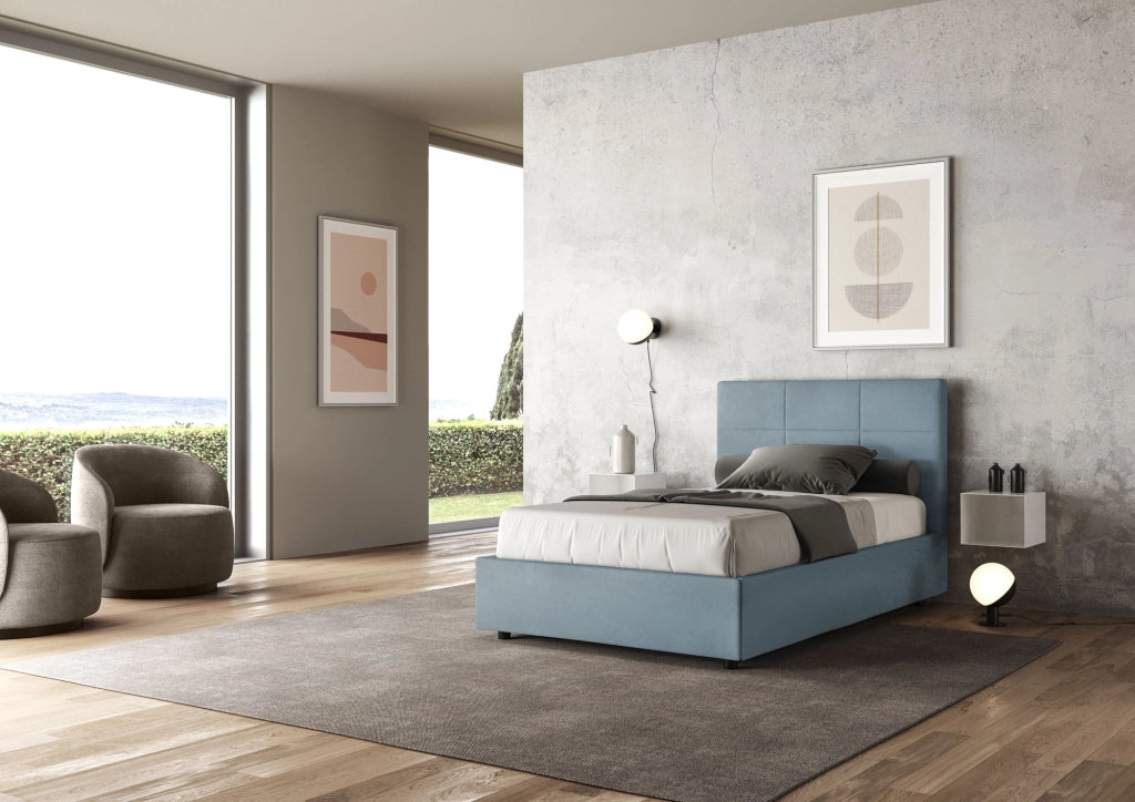 BS COM Letto una piazza e mezza senza rete imbottito 120x200 microfibra azzurro