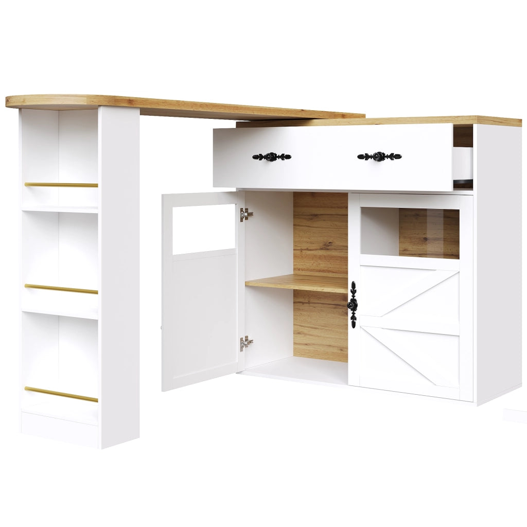 OKWISH Tavolo Bar con 1 Cassetto, Ripiani Regolabili e Rotazione a 360°, per Cucina e Sala da Pranzo, MDF, Bianco, 138-204×39×104 cm