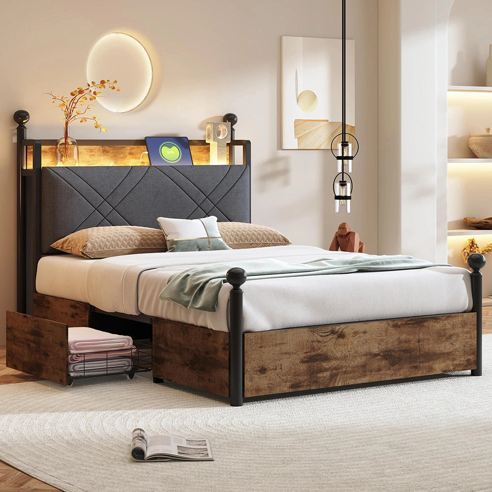 Letto ferro 90x190cm?- Xylo - LED USB 2 cassetti nero