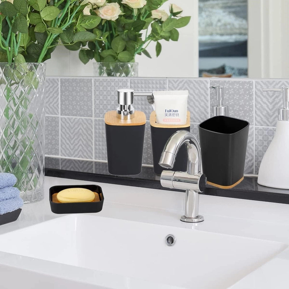 Trade Shop - Set Accessori Bagno In Bambù 6 Pz Moderno Bidone Spazzatura Portasapone Dispenser - Nero