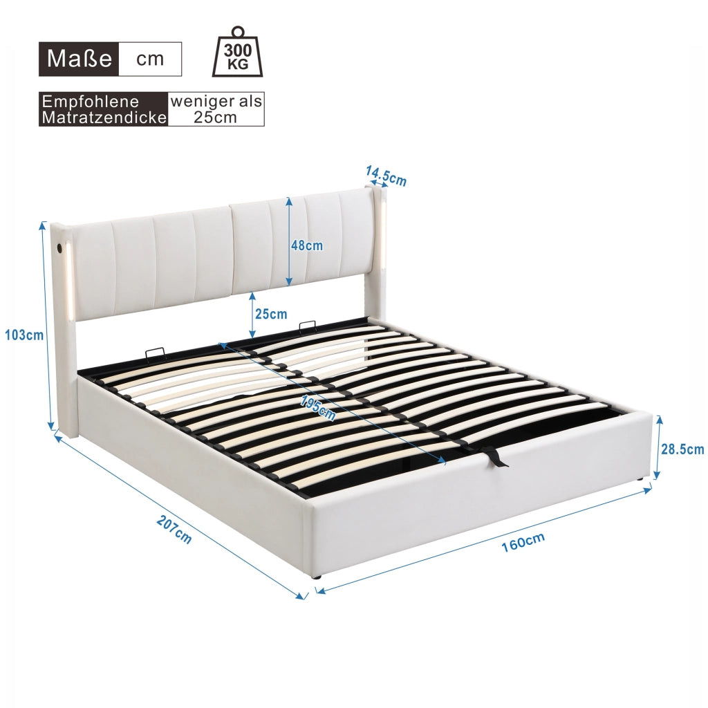 DESMIU Letto contenitore 160 × 200 cm 2 posti con USB, LED, testiera regolabile, senza materasso, in PU bianco