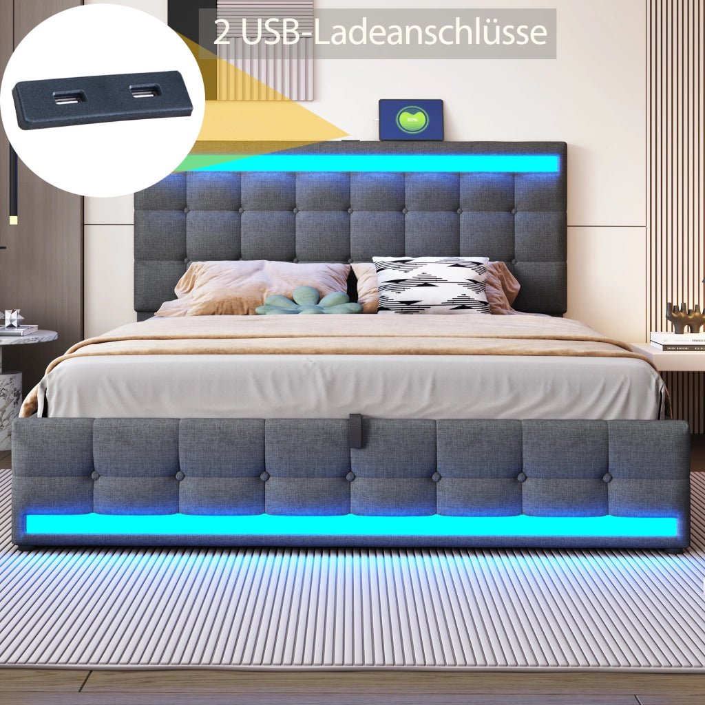 LETTO imbottito 180x200 cm grigio con LED RGB e porte USB