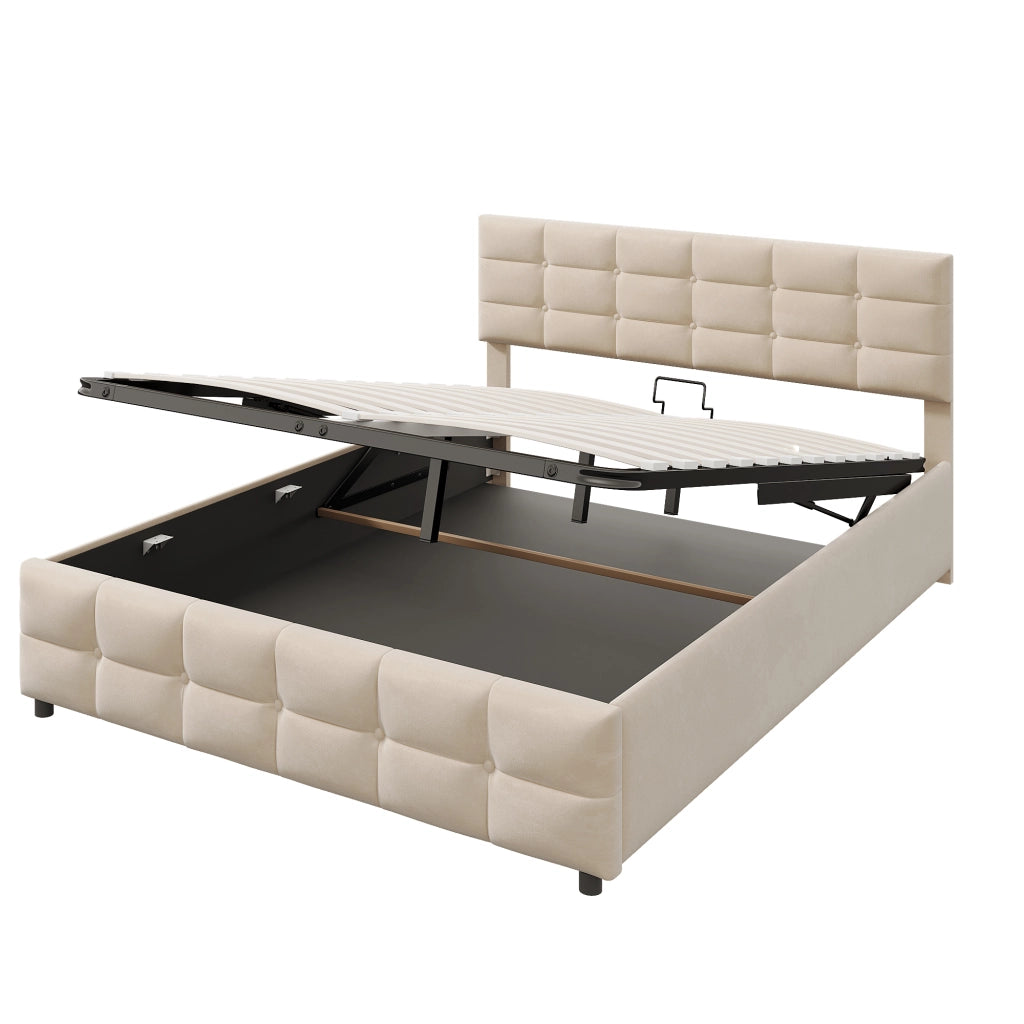 Letto contenitore matrimoniale 180×200 cm con rete sollevabile idraulica; senza materasso; velluto olandese; beige