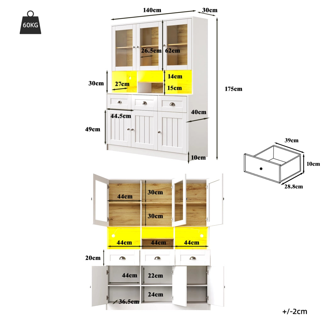 ARMADIO Cucina 140x40x175 cm MDF Bianco con illuminazione LED