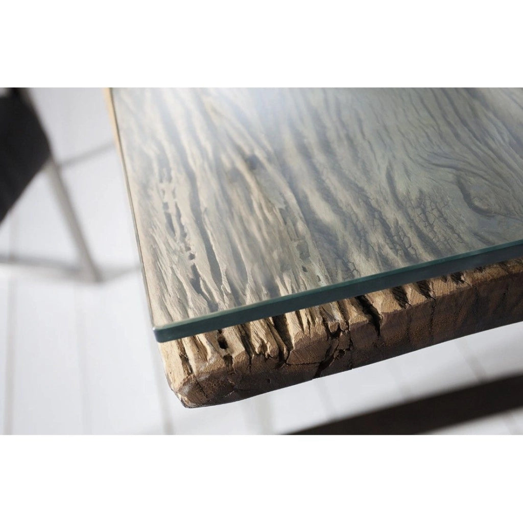 Tavolo da pranzo RAFTA 180 cm – Piano in legno riciclato e vetro temperato, struttura in metallo
