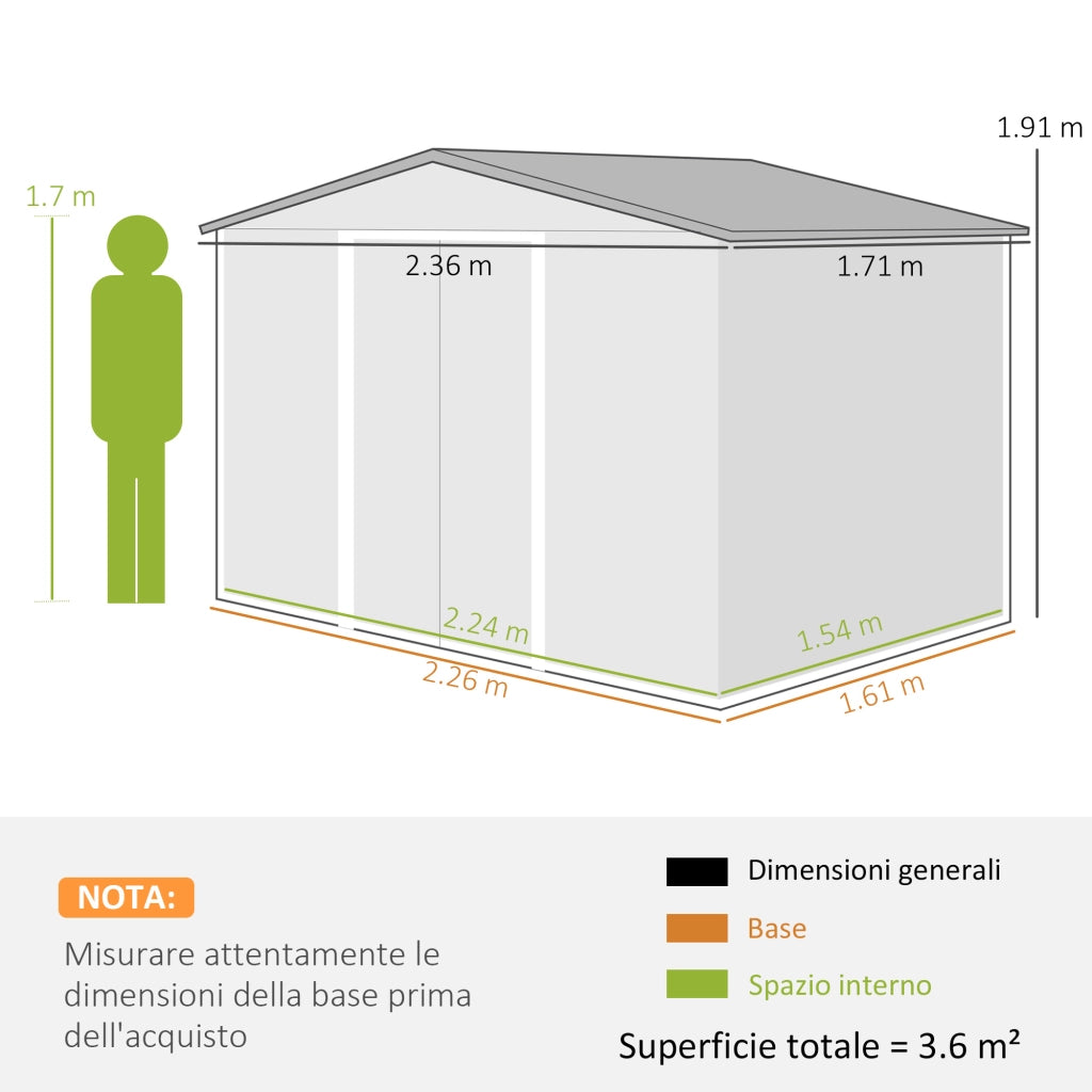 Casetta da Giardino 2.3x1.7 m in Acciaio con Prese d'Aria e Doppia Porta Scorrevole, Grigio Scuro