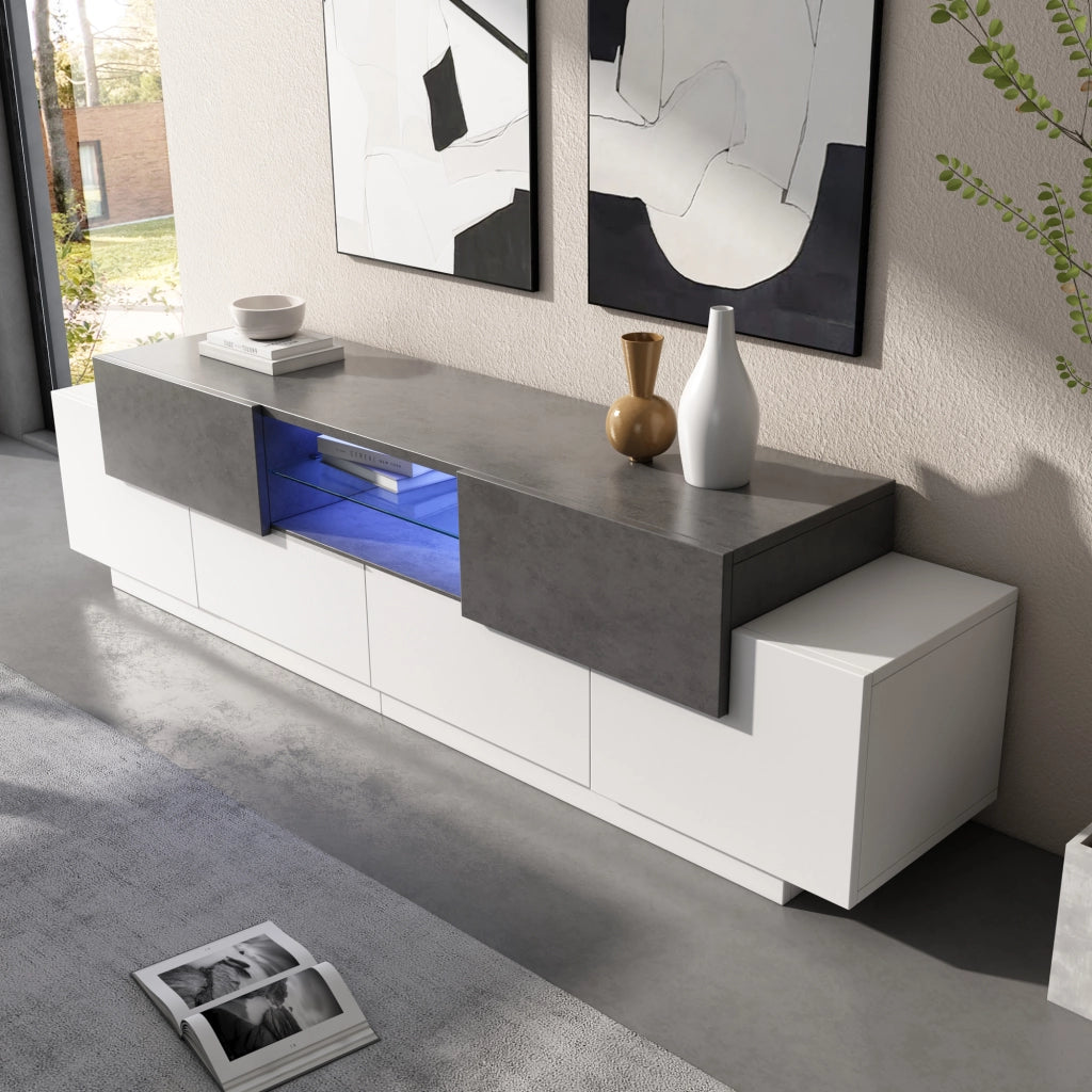 MOBILE TV con LED e ripiani in vetro 180x40x45 cm bianco e grigio