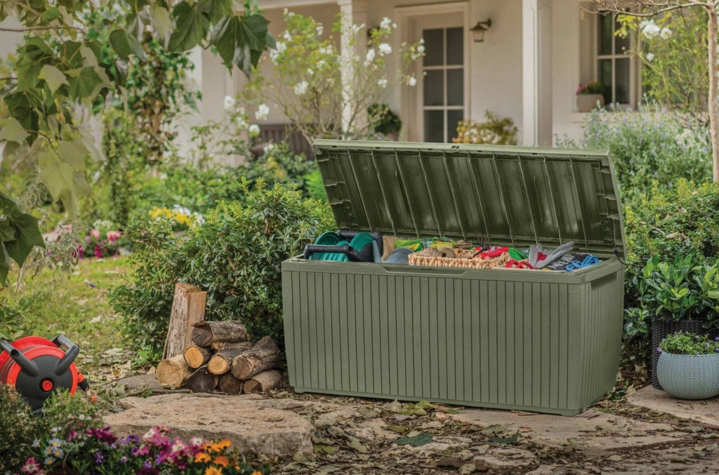 Cassapanca outdoor Burlington, Baule da giardino, Contenitore da esterno, Panchina contenitore da esterno, 123x54 h57 cm, Verde
