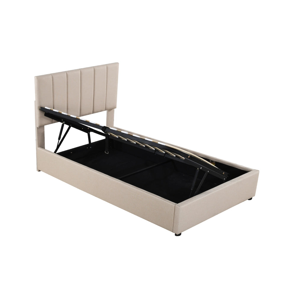 Letto Contenitore Imbottito Singolo ¨C MINIMAL ¨C 90x200, Tessuto Beige, Idraulico