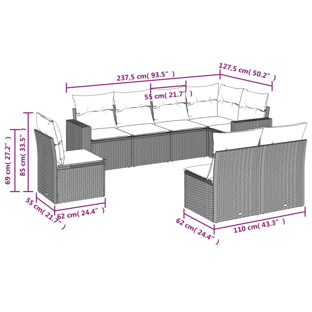 Set Divano da Giardino 8pz con Cuscini Grigio Chiaro Polyrattan