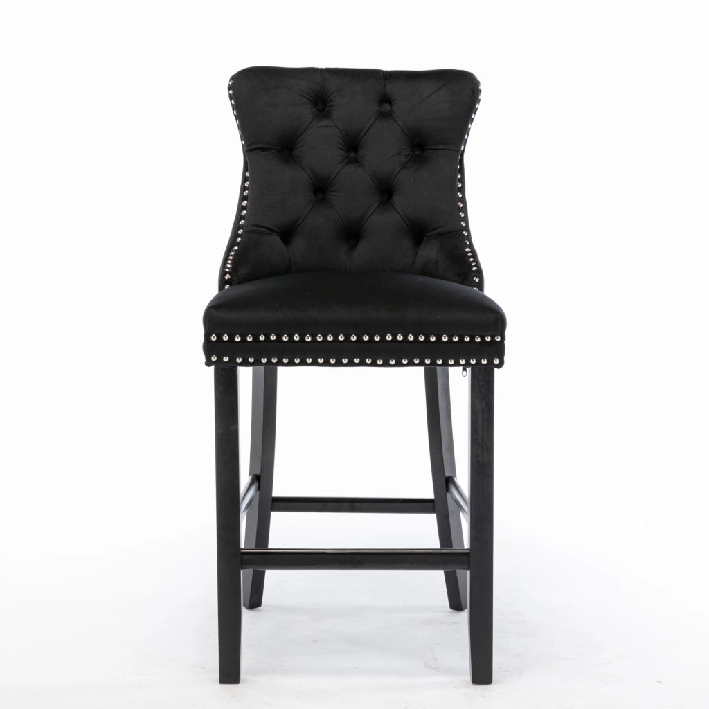 Sgabelli da Bar in Velluto con Gambe in Legno e Bottoni ¨C MINIMAL ¨C Set 2, Nero