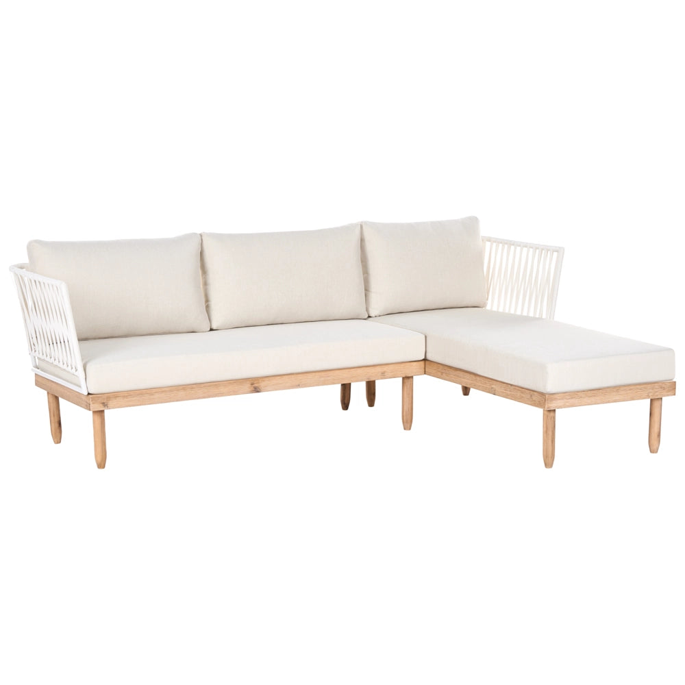 Set Lounge da Esterno in Legno di Acacia con Cuscini Bianchi, Poltrona in Rattan Sintetico e Tavolino 4 Posti Sinistro