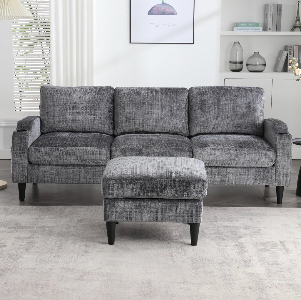 Divano 4 posti con pouf contenitore; rivestimento in chenille grigio; 196;5 cm