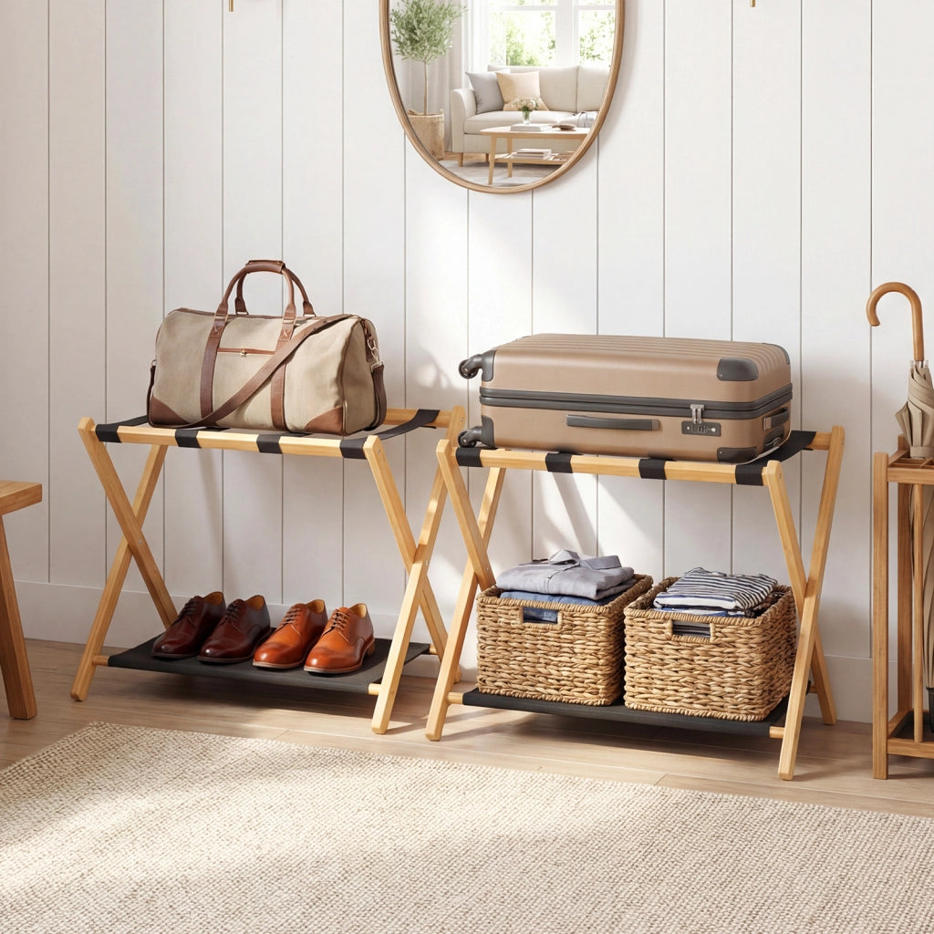 Set di 2 porta valigie in bamboo con cinghie e ripiani oxford, Supporti pieghevoli salvaspazio per camera ospiti e hotel Naturale