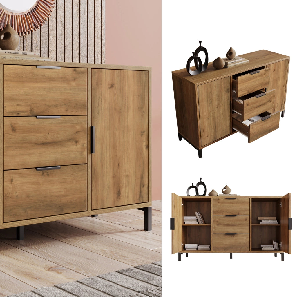 OKWISH Credenza 2 Ante e 3 Cassetti, Ripiano Regolabile, per Camera da Letto e Soggiorno, Legno e Metallo, 120 x 40 x 76 cm