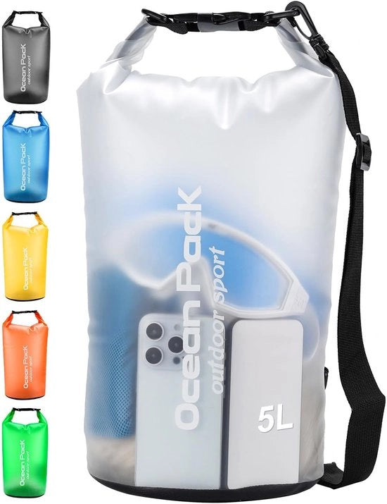 Borsa impermeabile da 5 litri - Chiusura con rotazione - Cinturino regolabile - Design semi trasparente - Ganci robusti - 100% impermeabile