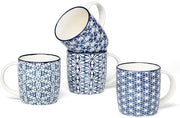 Set di tazze da caffè con disegni geometrici blu e bianchi, 340 ml, set di 4 tazze da caffè in ceramica