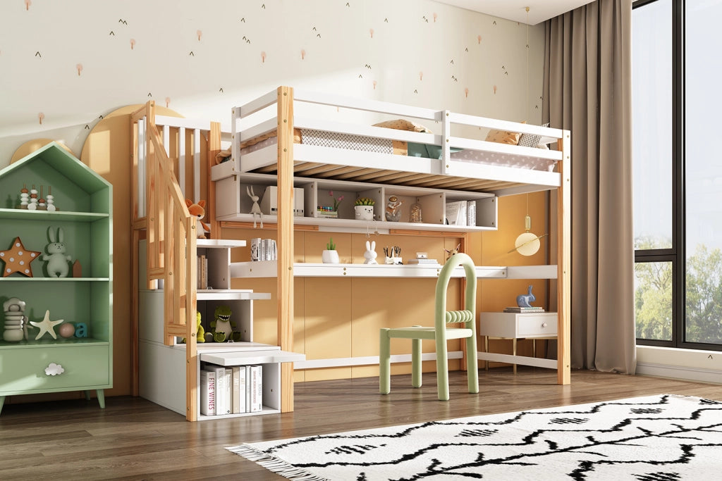 LETTO A SOPPALCO per bambini 90x200 cm con scrivania e scala contenitore bianco e rovere